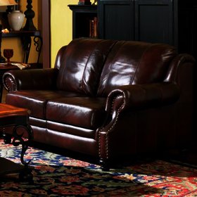 Bm177980 Transitional Wood And Leather Loveseat With Nailhead Trim Red