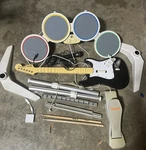 Nintendo Wii Rock Band Bundle Set Wireless Guitar, Dongle, Drums Game, Mic Lot. Fixed Price $239.95.